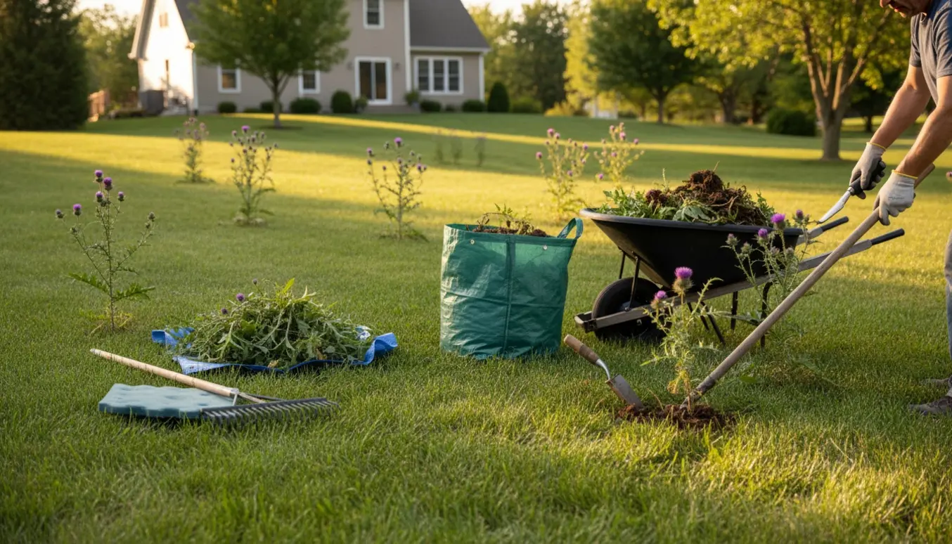 En person fjerner tidsler fra en stor græsplæne med haveredskaber og en trillebør i eftermiddagslys.