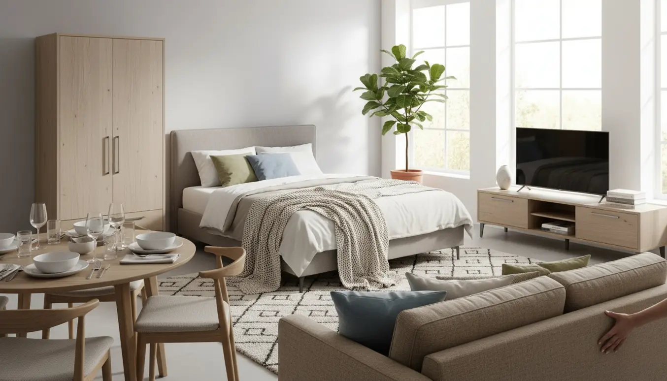 Soloplyst interiør med garderobeskab, kontinentalseng, sovesofa, tv-bord og spisebordsæt.