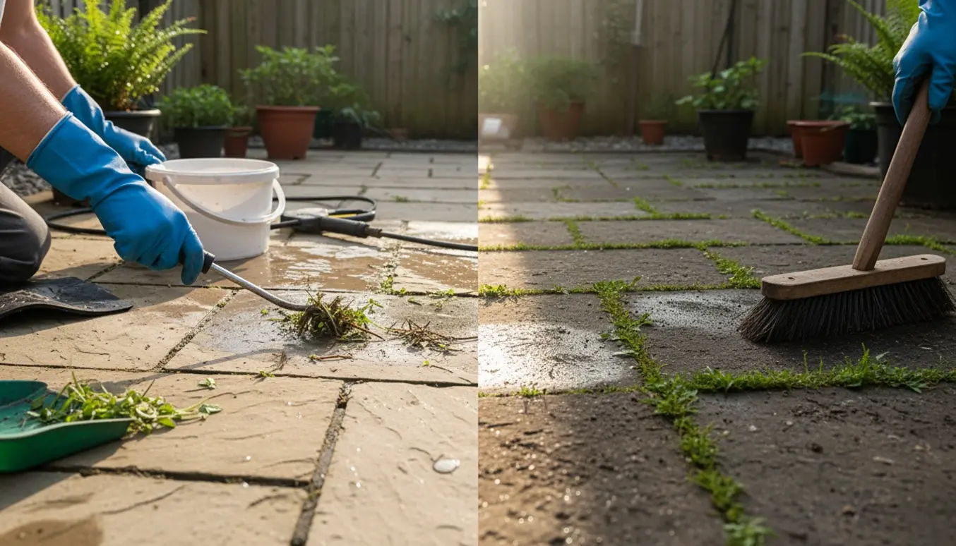 Hænder fjerner ukrudt mellem fliser; den ene side er nyvasket, den anden er sort af snavs.