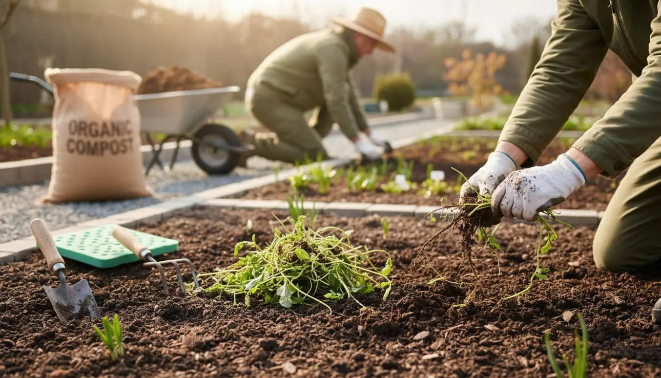 Nærbillede af hænder, der fjerner ukrudt fra et havebed i foråret med haveredskaber i baggrunden.