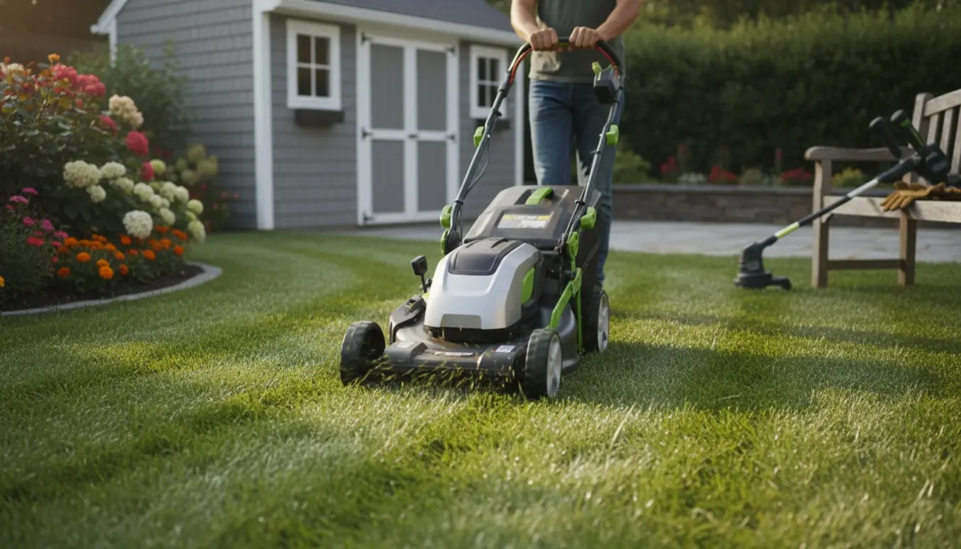 Person slår græsset med en moderne plæneklipper på en velholdt forstadshave med tydelige slåningsstriber.