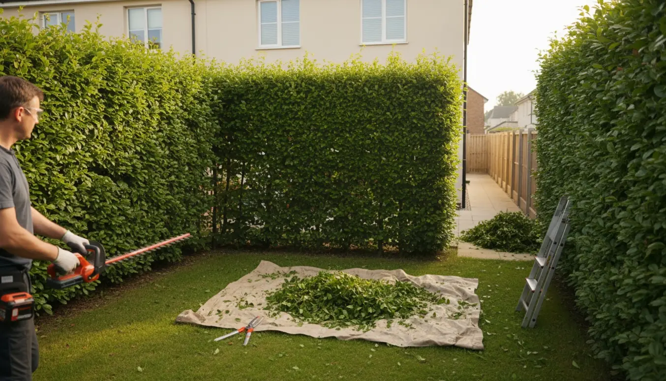 Bøgehæk ved et rækkehus klippes på tre sider med hækkeklipper og opsamlet grøntaffald på en presenning.