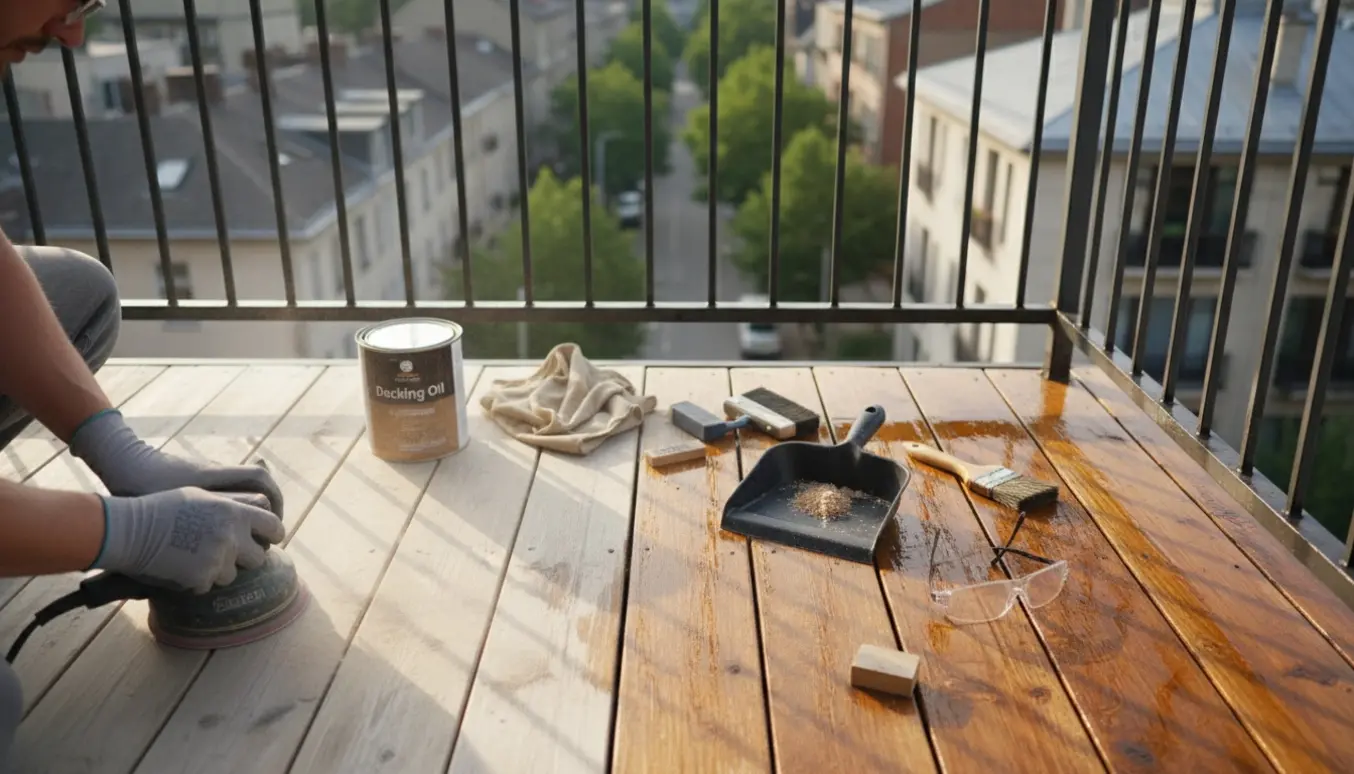 Nærbillede af slibning og oliering af en træaltan på 4. sal med friske olierede og nyligt slebne planker.