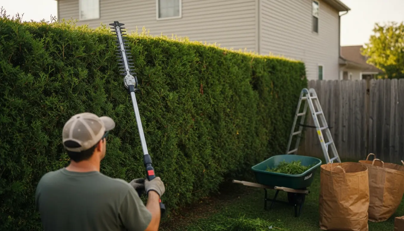 Topkappet Thuja-hæk ved et hus med friske afklip i trillebør og arbejdsværktøj i baggrunden.