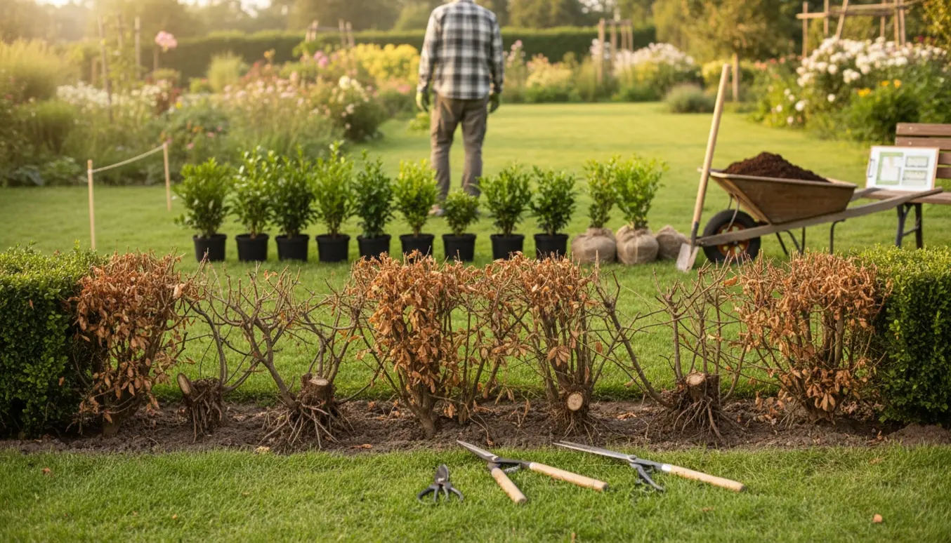 Hænder undersøger en plettet spireahæk med nye hækplanter og haveredskaber klar til udskiftning.