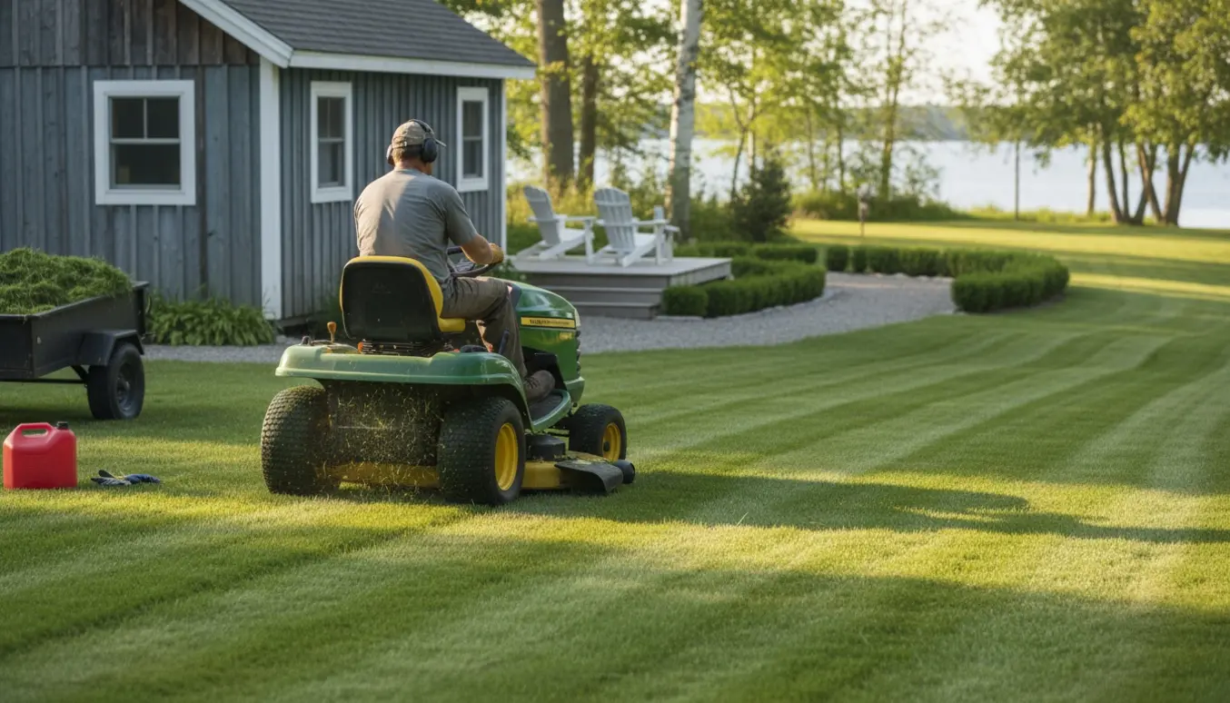 Ride-on plæneklipper foran et sommerhus, operatør set bagfra mens græsplænen klippes.
