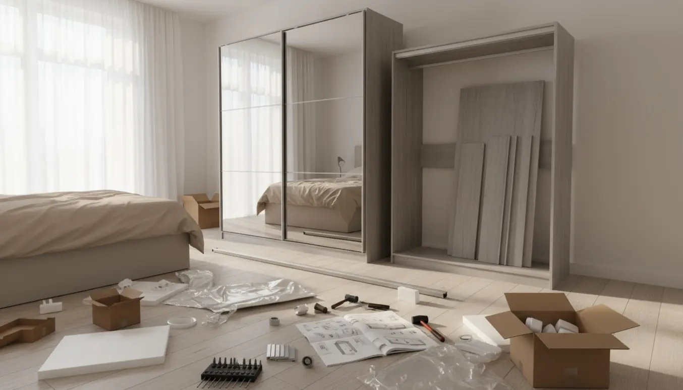 To skydedørsgarderober under samling i et soveværelse med emballage og værktøj på gulvet.