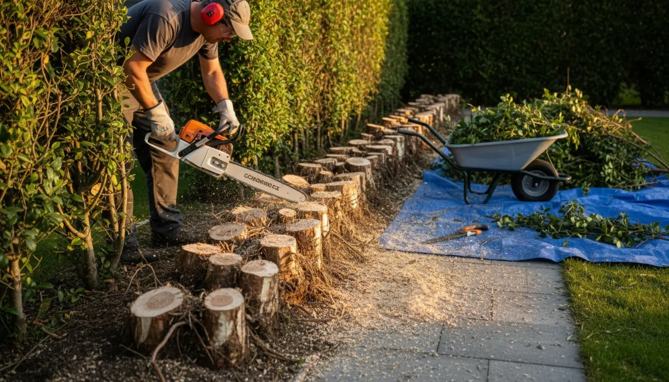 En person fælder den lave del af en hæk med motorsav bagfra, med en bunke afklippede grene og savsmuld klar til bortskaffelse.