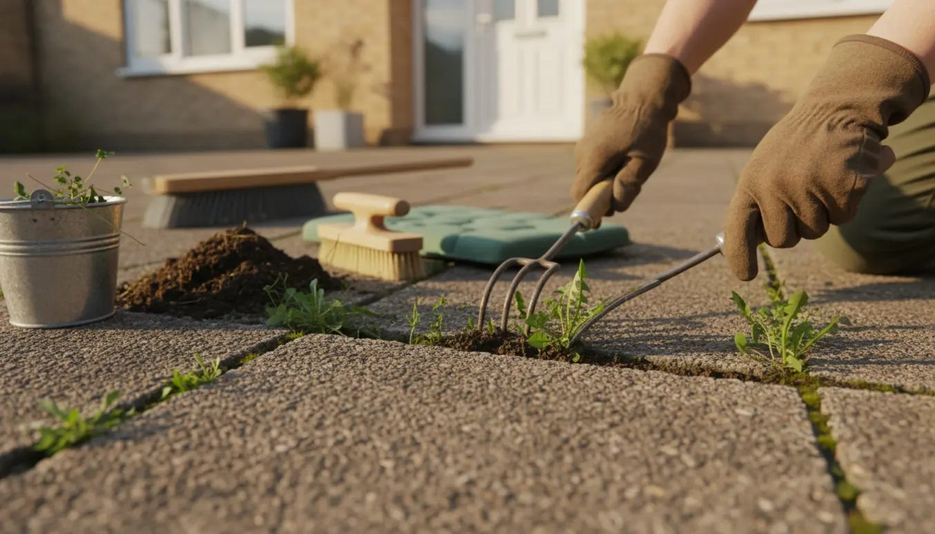 Nærbillede af hænder, der fjerner ukrudt fra fortovet foran et parcelhus.
