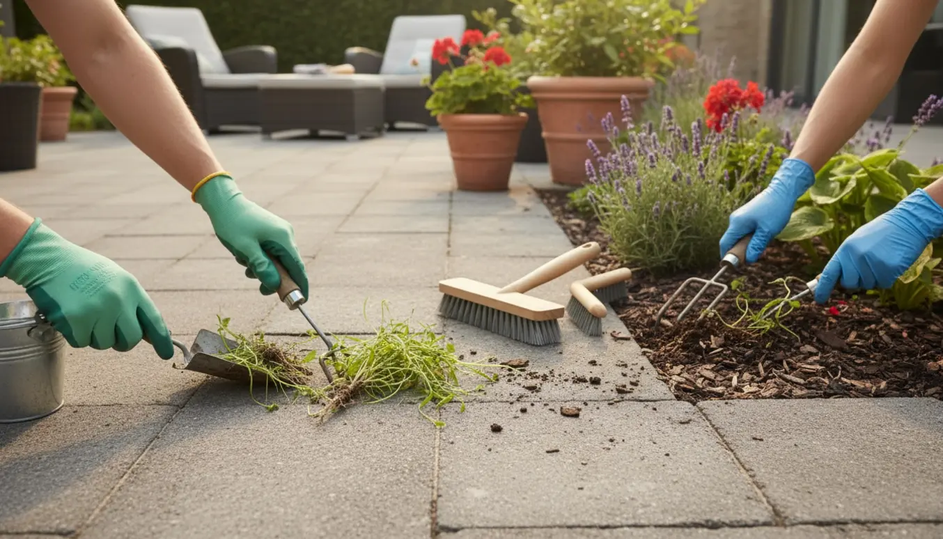 Nærbillede af havehandsker, der trækker ukrudt op mellem terrassefliser og i et blomsterbed.