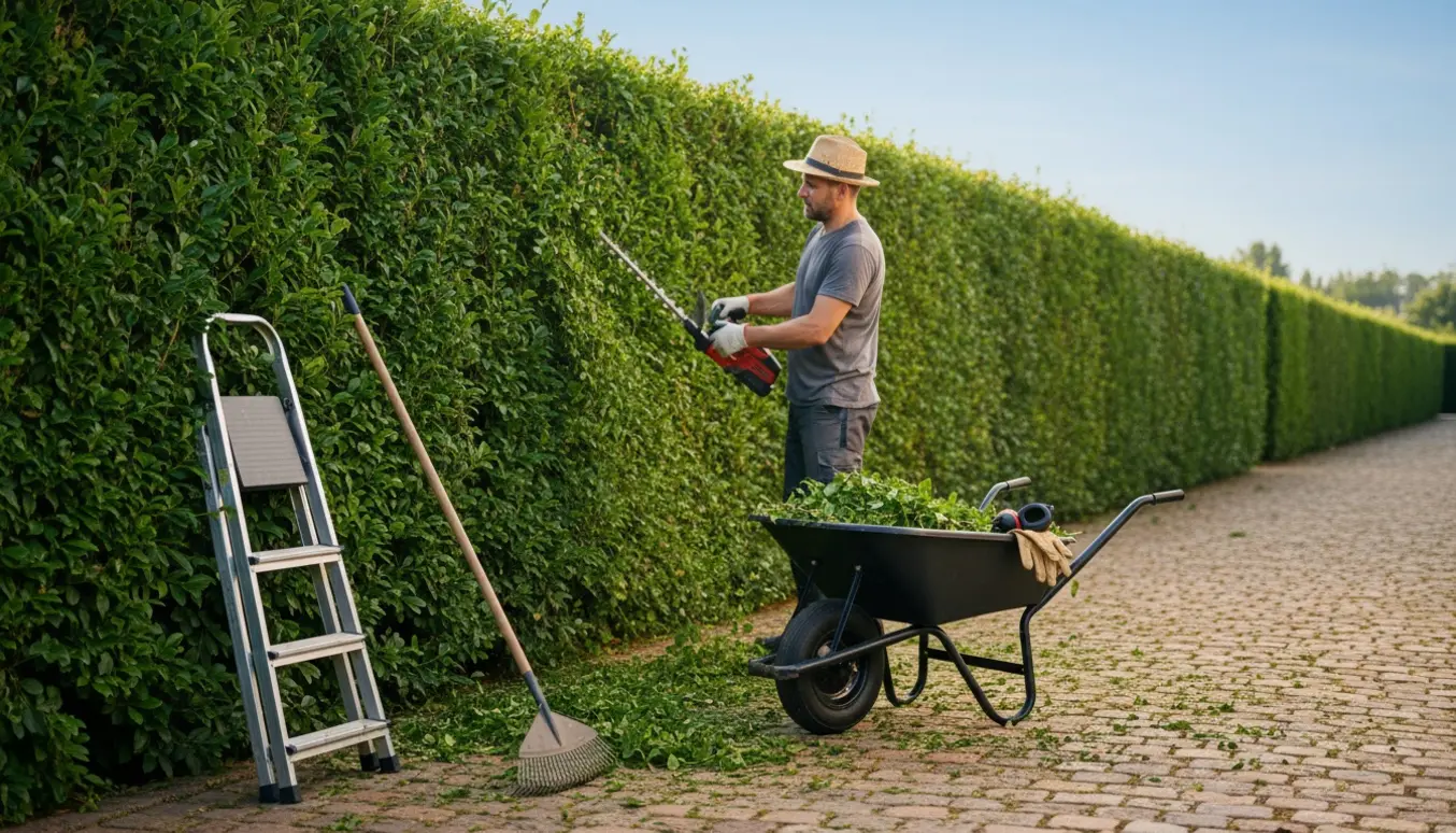 Person med ryggen til klipper en lang, tæt hæk med elektrisk hækkeklipper, og afklip ligger i en trillebør.