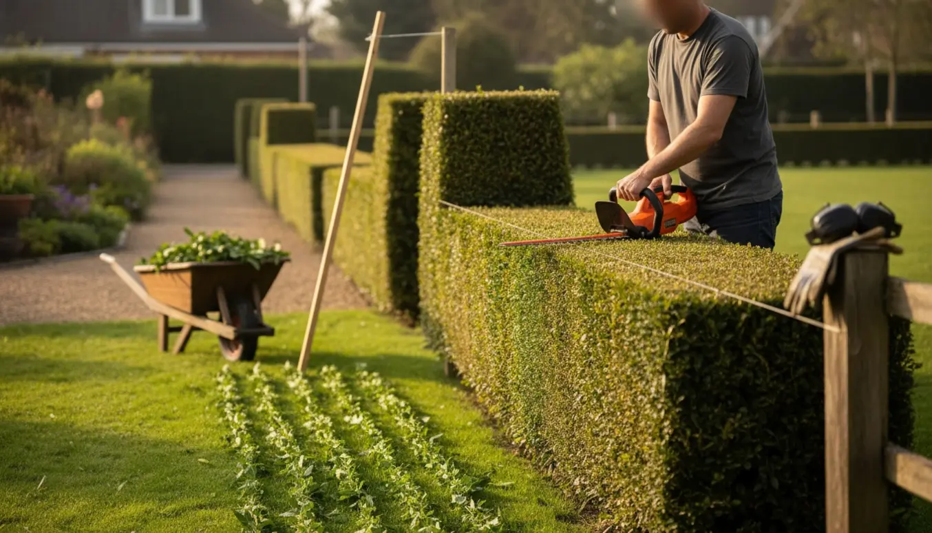 Person trimmer og former en lang hæk med rene, høje kanter og afklip på græsset.