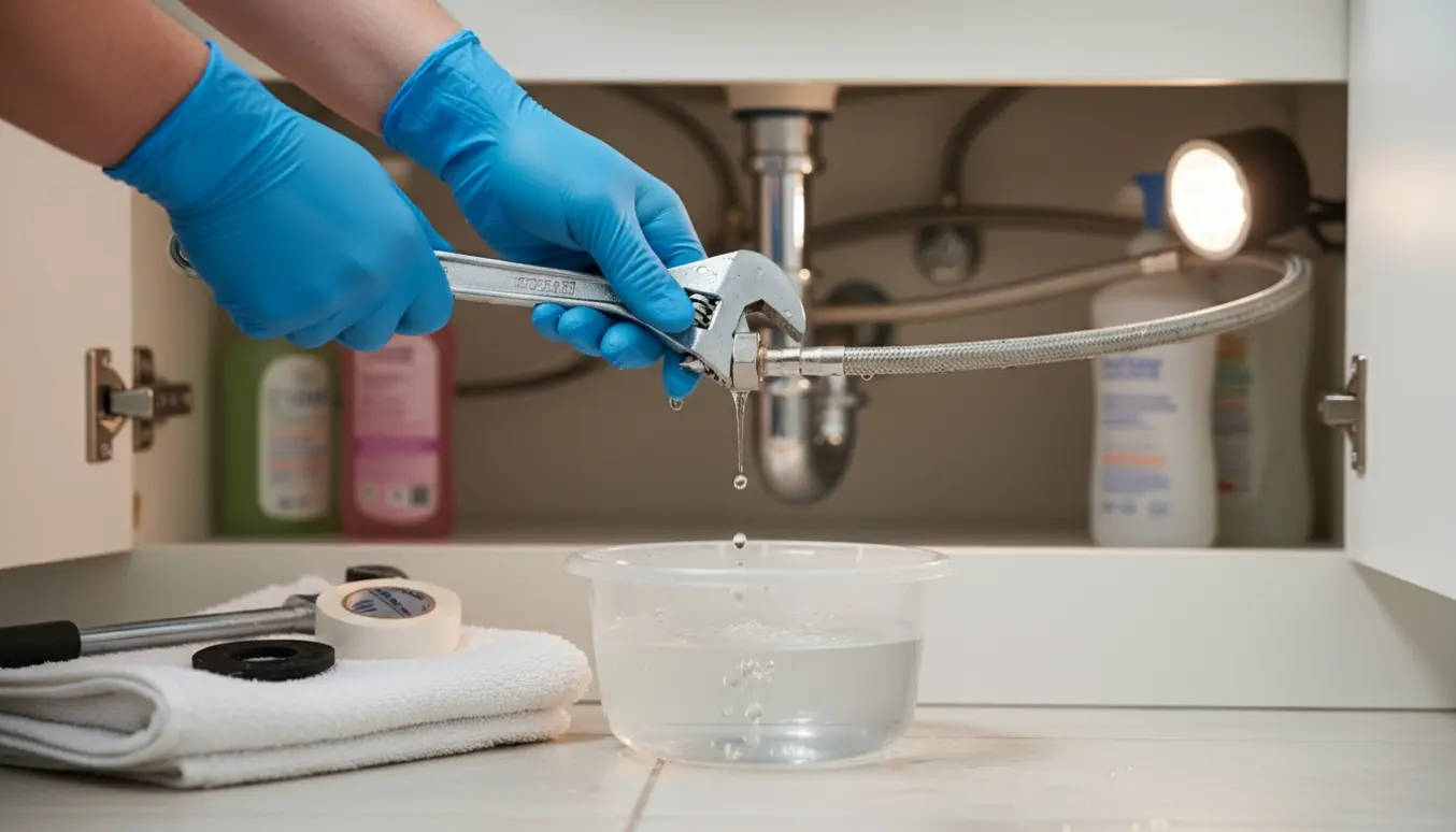 Hænder spænder en slange under en utæt vandhane i et badeværelsesskab med dryppende vand og værktøj.