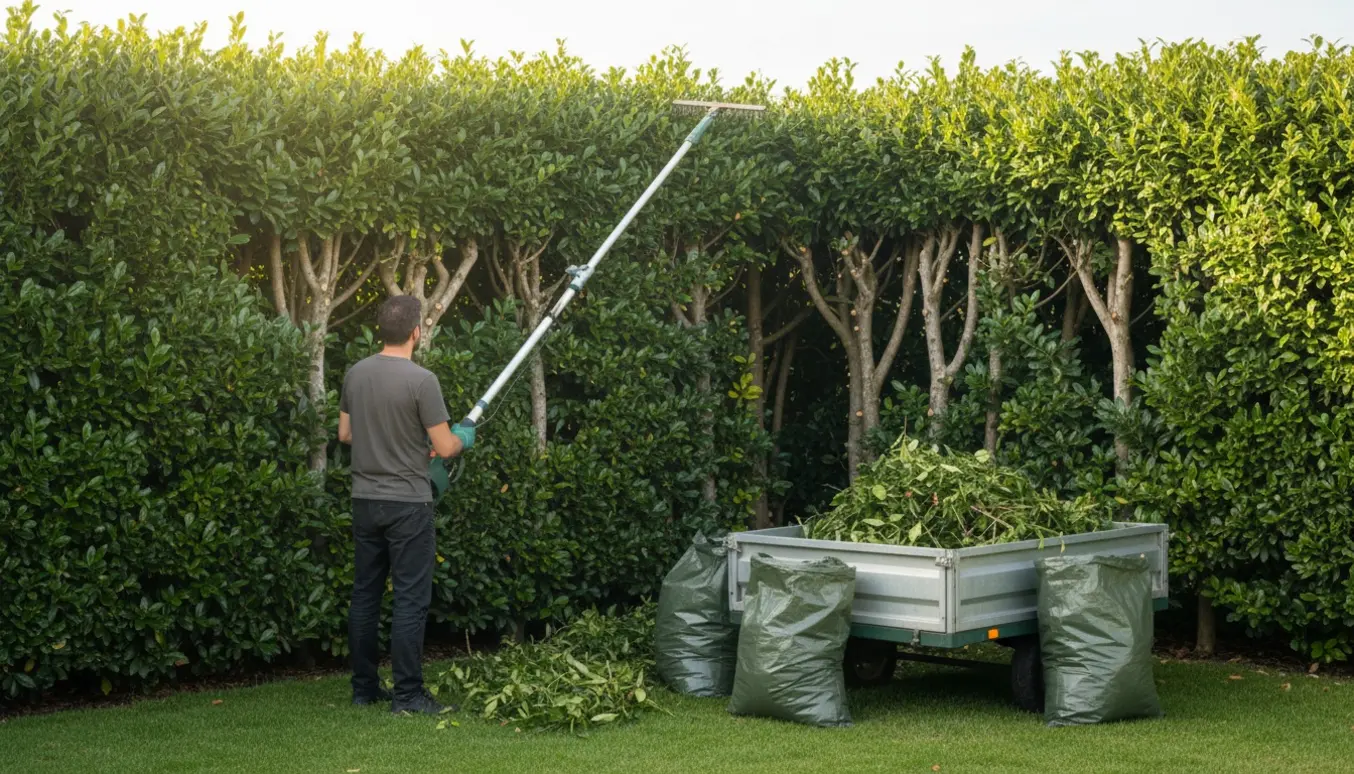 Hækklipning af ligusterhæk i hjørnehave med teleskopstang og afklip samlet til bortkørsel.