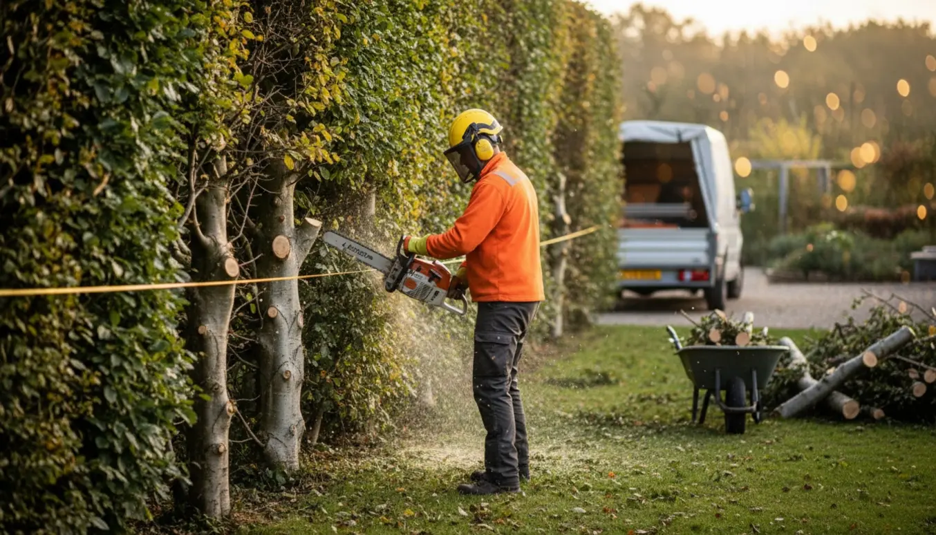 En beskærer saver cirka en meter af en bøgehæk, med bunker af afklip klar til afhentning.
