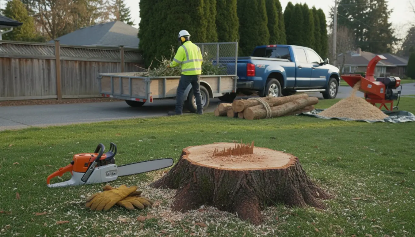 Friskafskåret træstub med savsmuld, mens en arbejder bagfra læsser grene i en trailer til bortskaffelse.