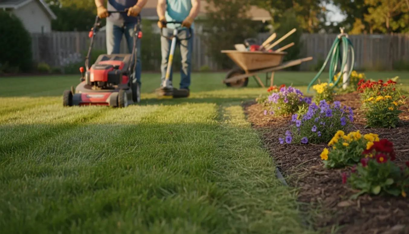 Nærbillede af en nyslået plæne med skarpe kanter ved et blomsterbed, en havemand arbejder med plæneklipper og kanttrimmer.