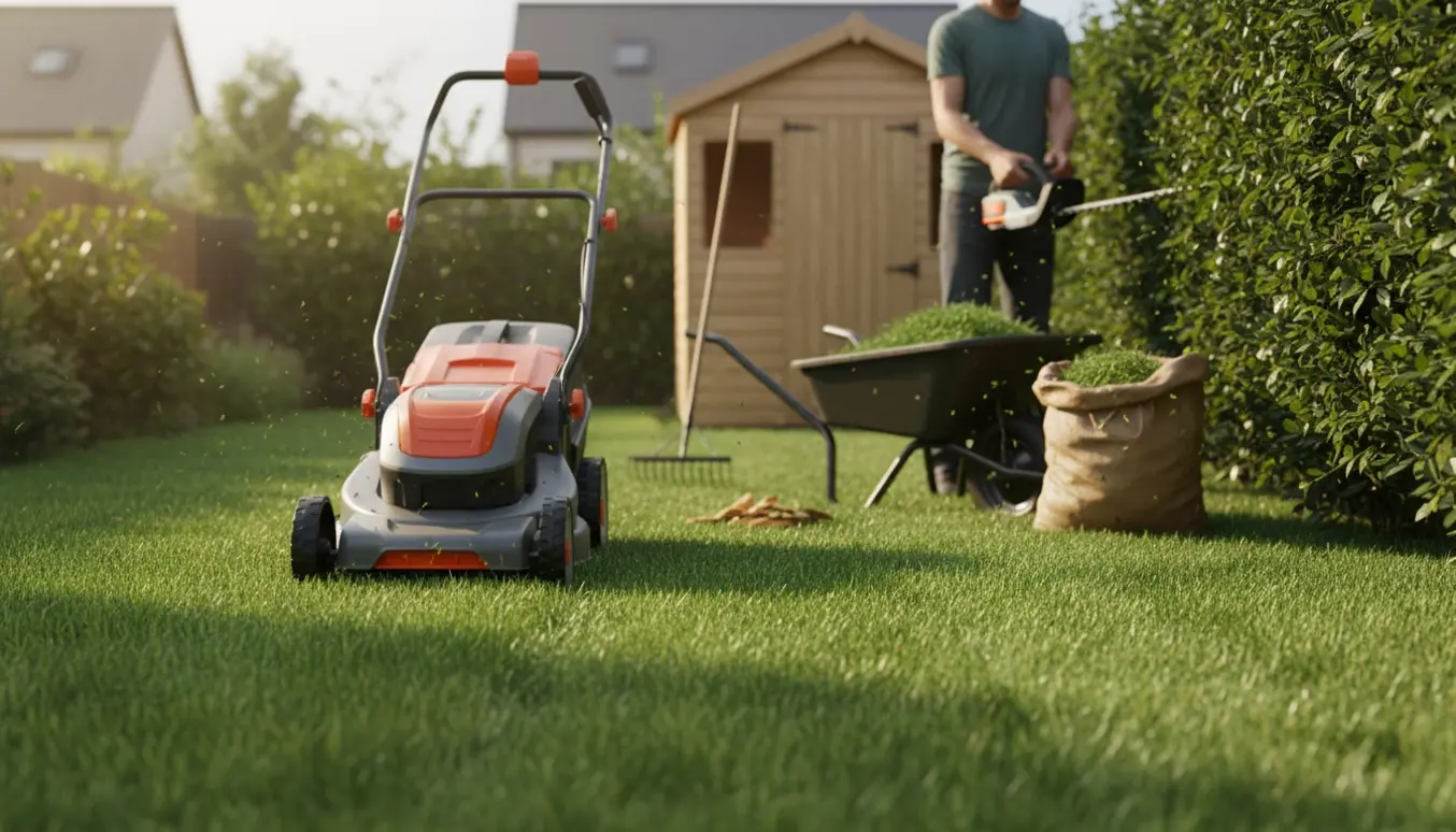 En solbelyst have hvor græs bliver slået og en hæk klippes, med haveredskaber og friske græsklip i fokus.