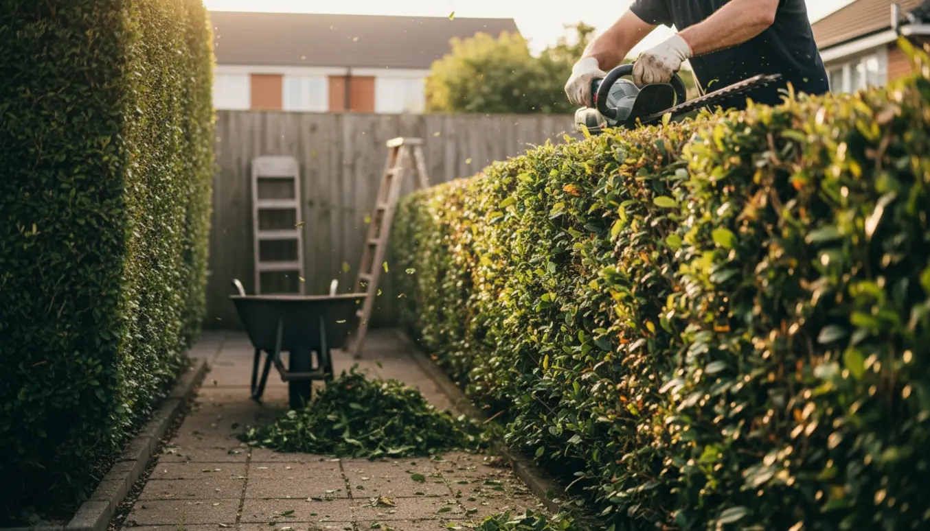 Hækkeklipning omkring en grund med værktøj og hands-on hækkeklipper, hvor en blandet hæk formes plant.