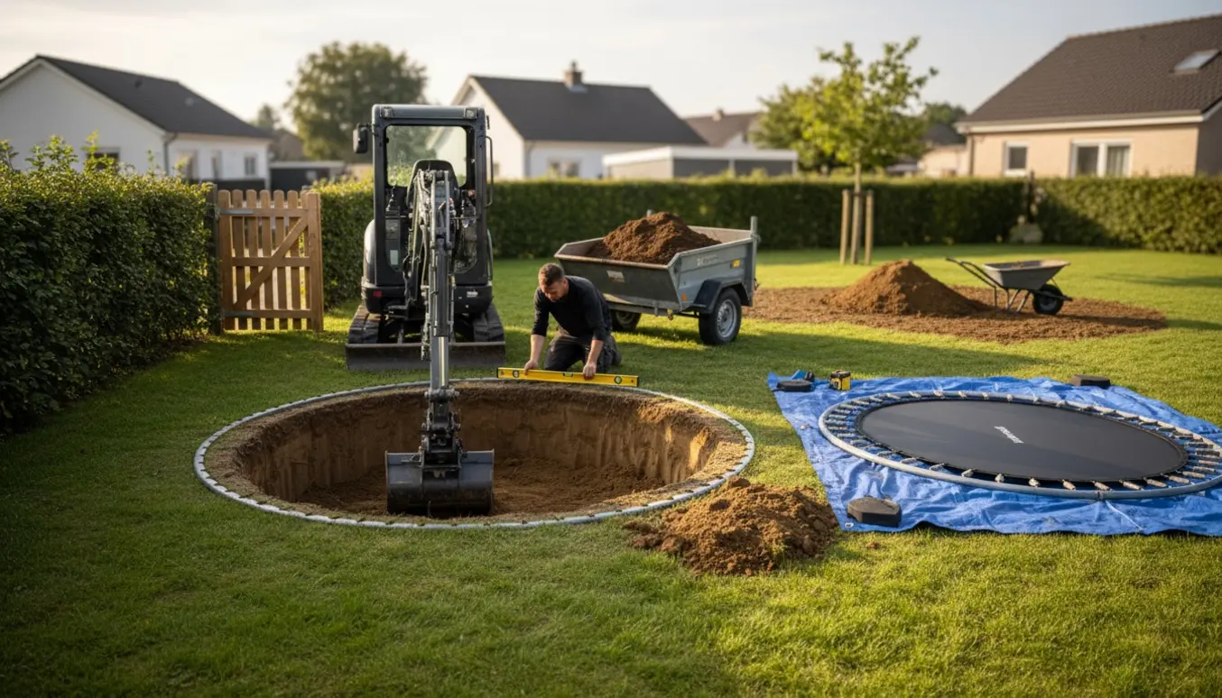Mini-graver i en smal haveport ved et cirkulært hul klar til nedgravning af en rund trampolin, jord læsset i trailer til bortkørsel.