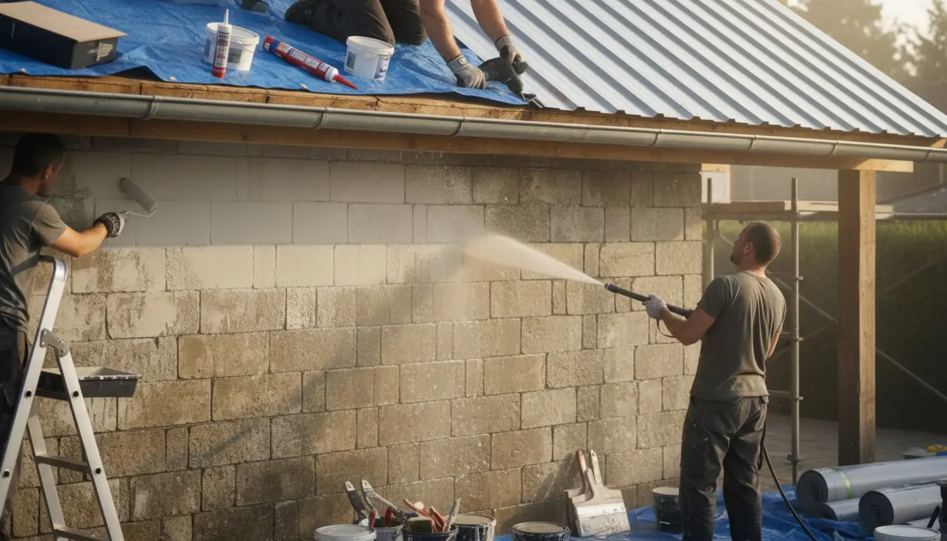 Udvendigt renoveringsarbejde med grundrens og maling af pudset murstensvæg, maling af træværk og montering af nye trapezplader på overdækning.