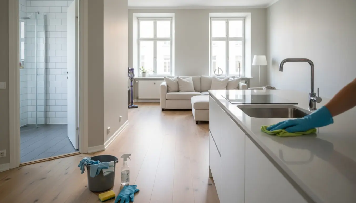 Rengøringsudstyr i forgrunden af en soloplyst lejlighed med skinnende køkken, åbent badeværelse og ryddelig stue.