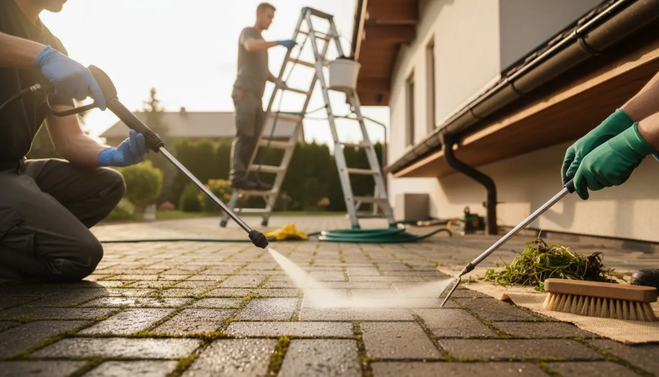 Rengjorte fliser med handsker, rensede tagrender på en stige og fjernet ukrudt.