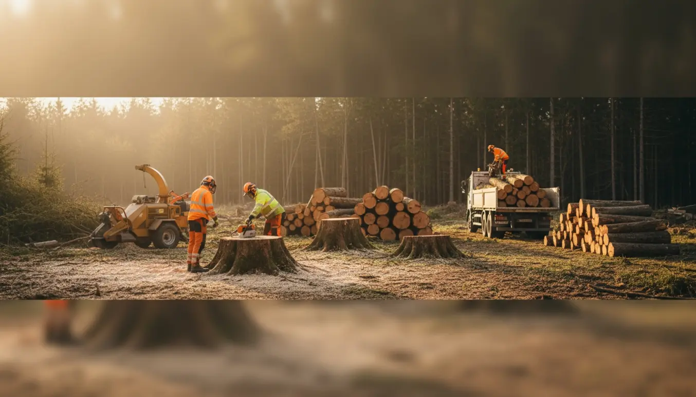 Skovrydning med nyligt fældede, tykke træstammer, arbejdere i sikkerhedsudstyr og lastbil klar til bortkørsel.