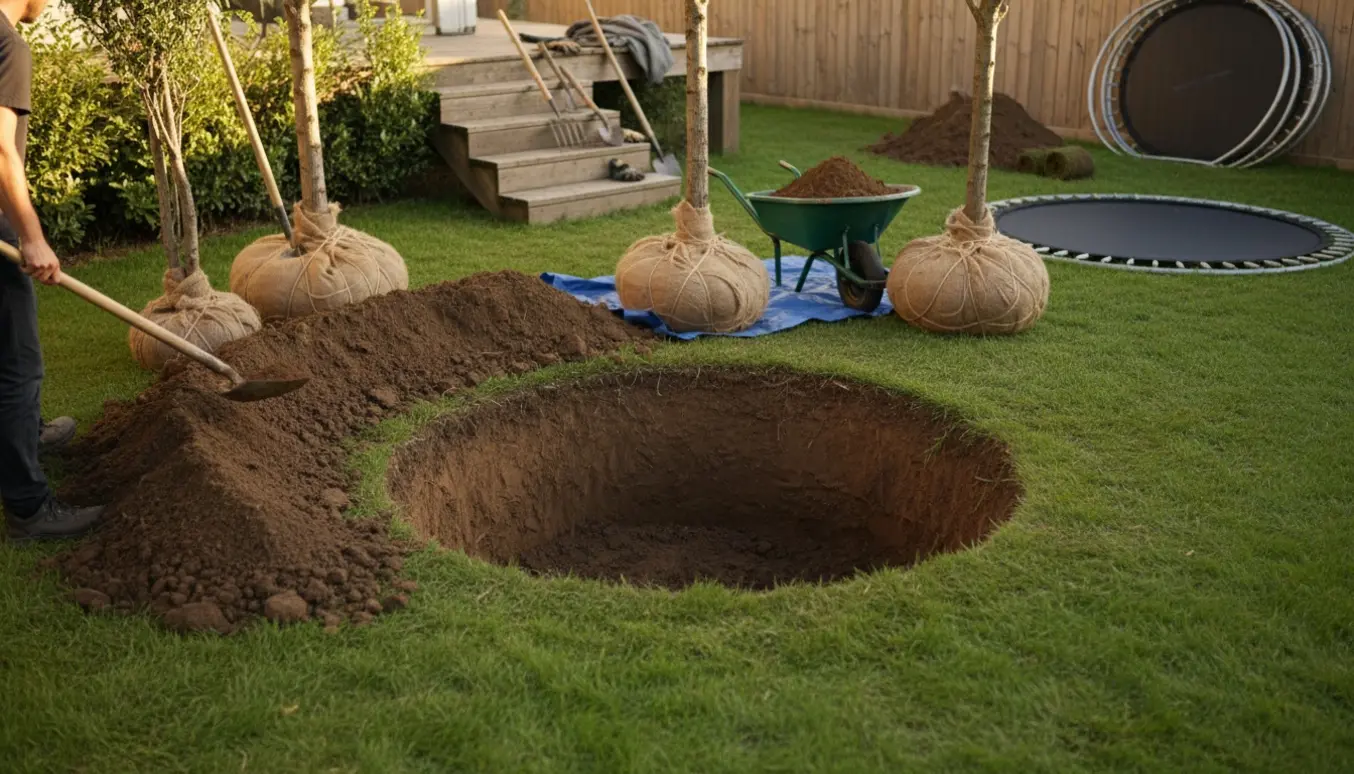 Rund udgravning til trampolin i en have med opgravede træer indpakket til flytning og jordbunker ved en trappeopgang.