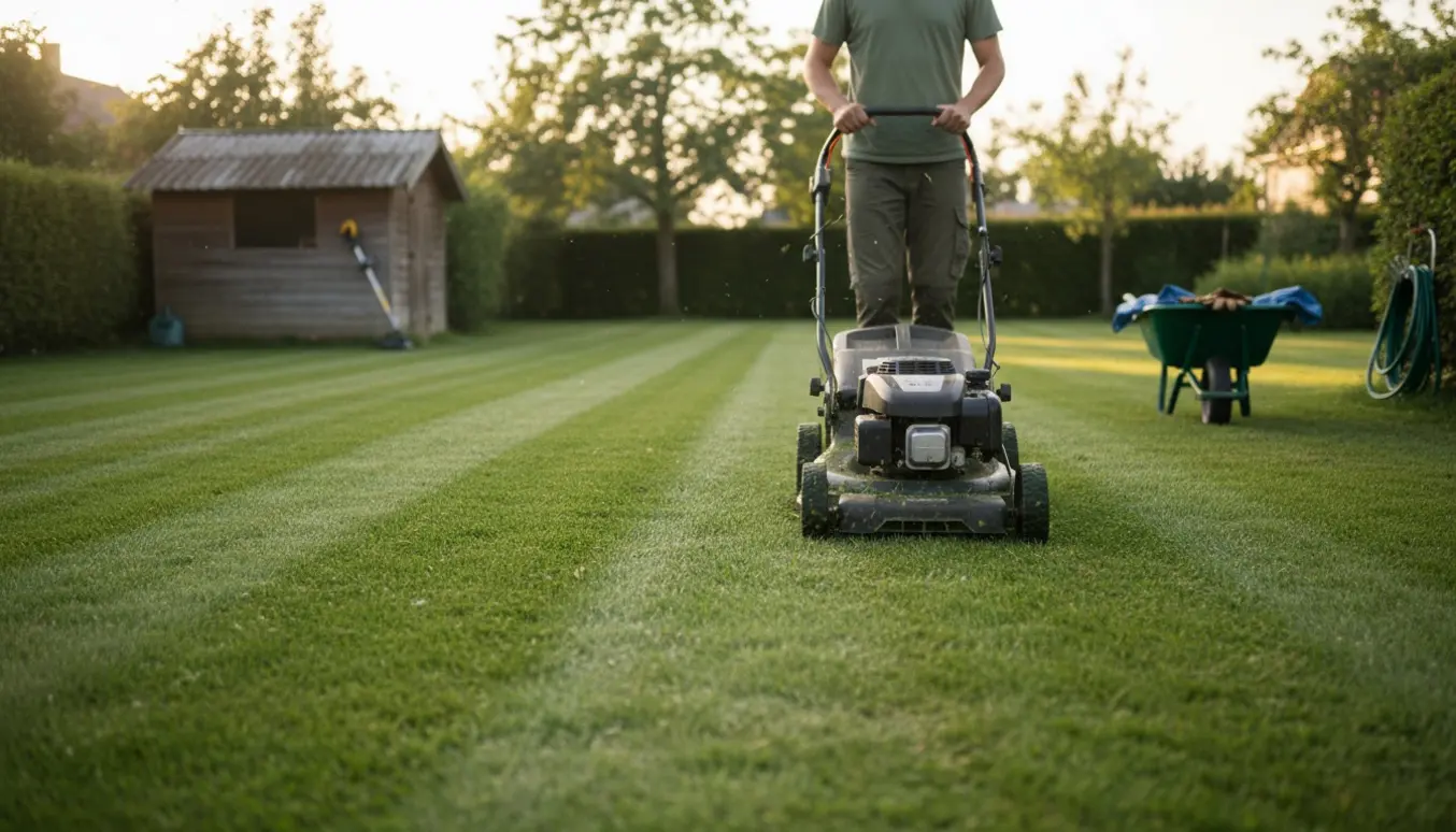 En plæneklipper skærer en stor sommergræsplæne og efterlader skarpe striber af nyklippet grønt.