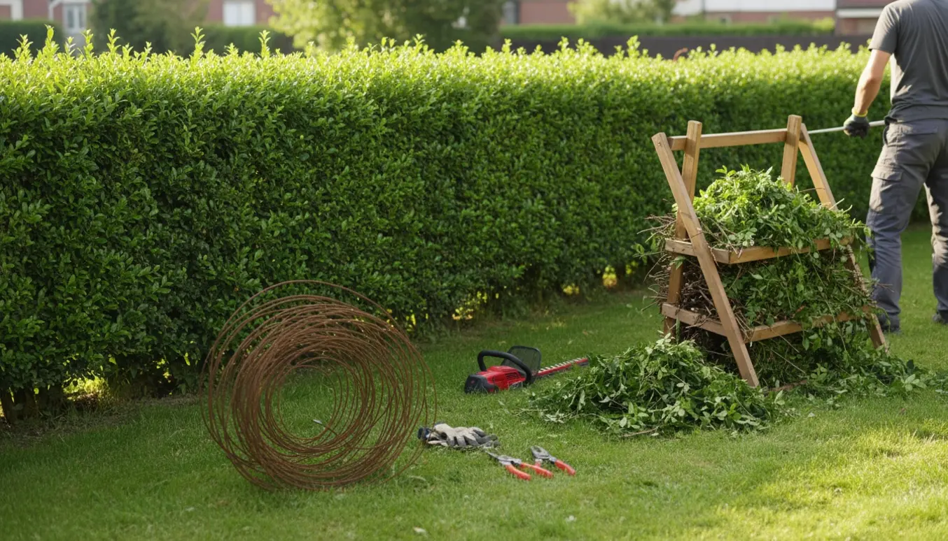 Hækkeklipning af liguster med trådhegn fjernet og afklip samlet i en kompostbunke.