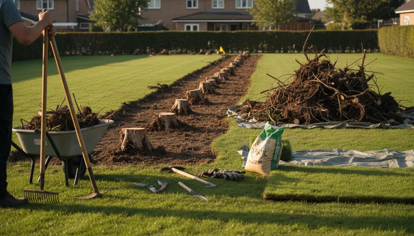 Havearbejder fjerner hæk; jord og rødder er gravet op, værktøj og trillebør med grene står klar til bortskaffelse.