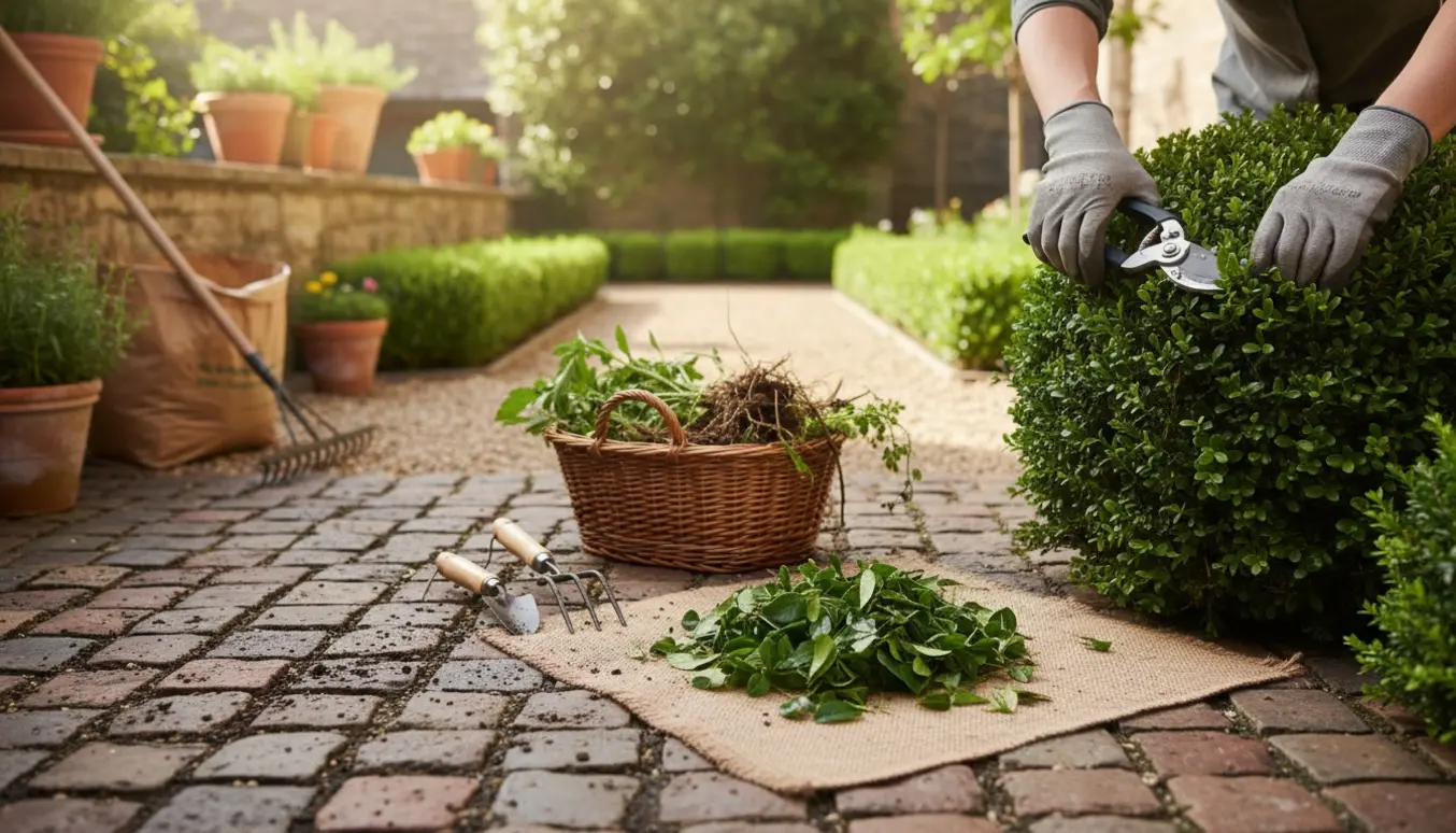 Hænder i handsker beskærer buske og fjerner ukrudt i en solbelyst gårdsplads.