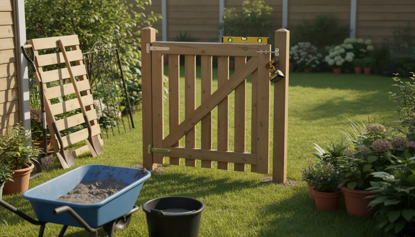 Havelåge under opsætning med stolper, værktøj og materialer i en solrig baghave.