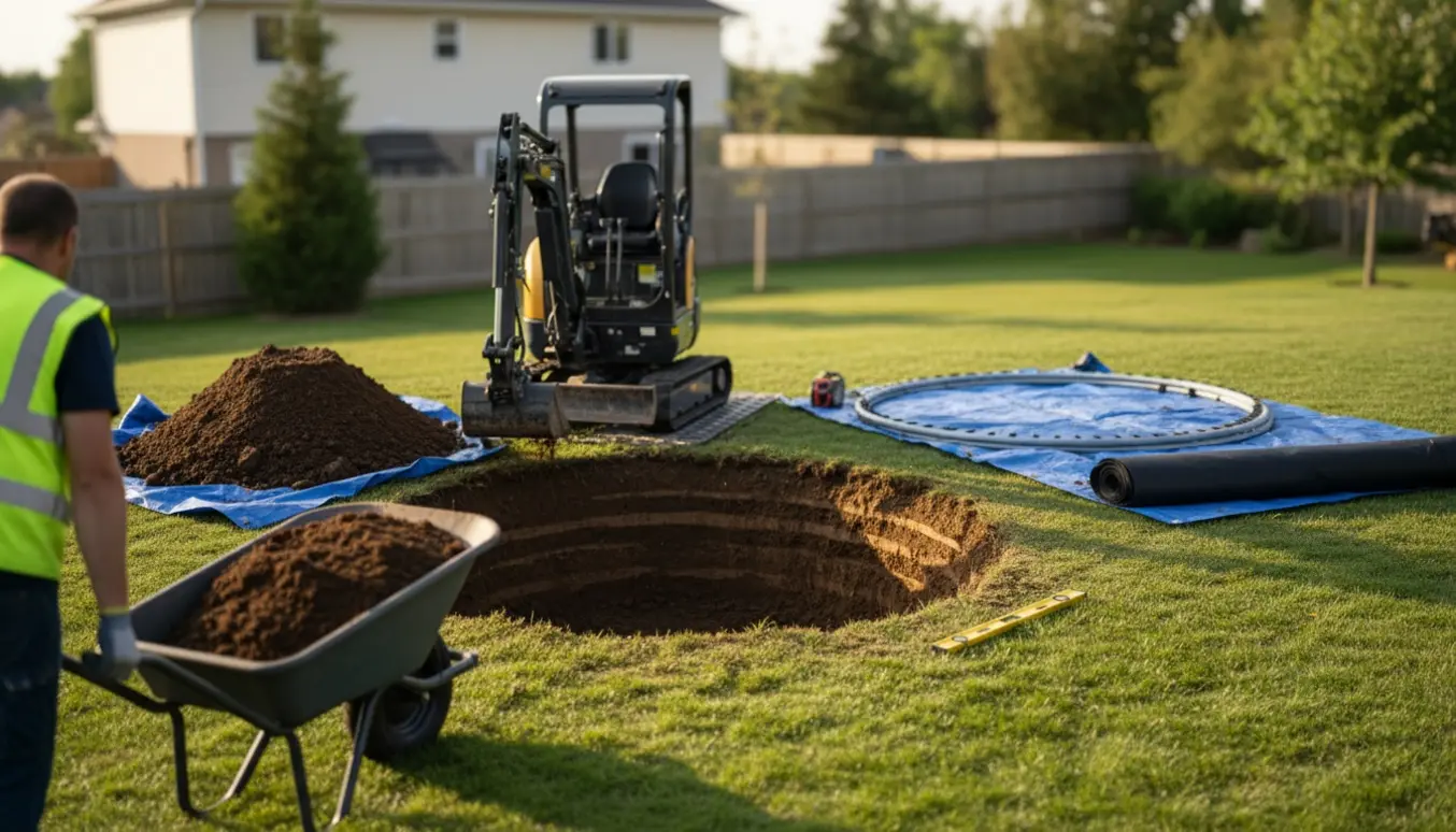 Mini-gravemaskine graver hul til nedgravet trampolin i en baghave med jord lagt op på en presenning.