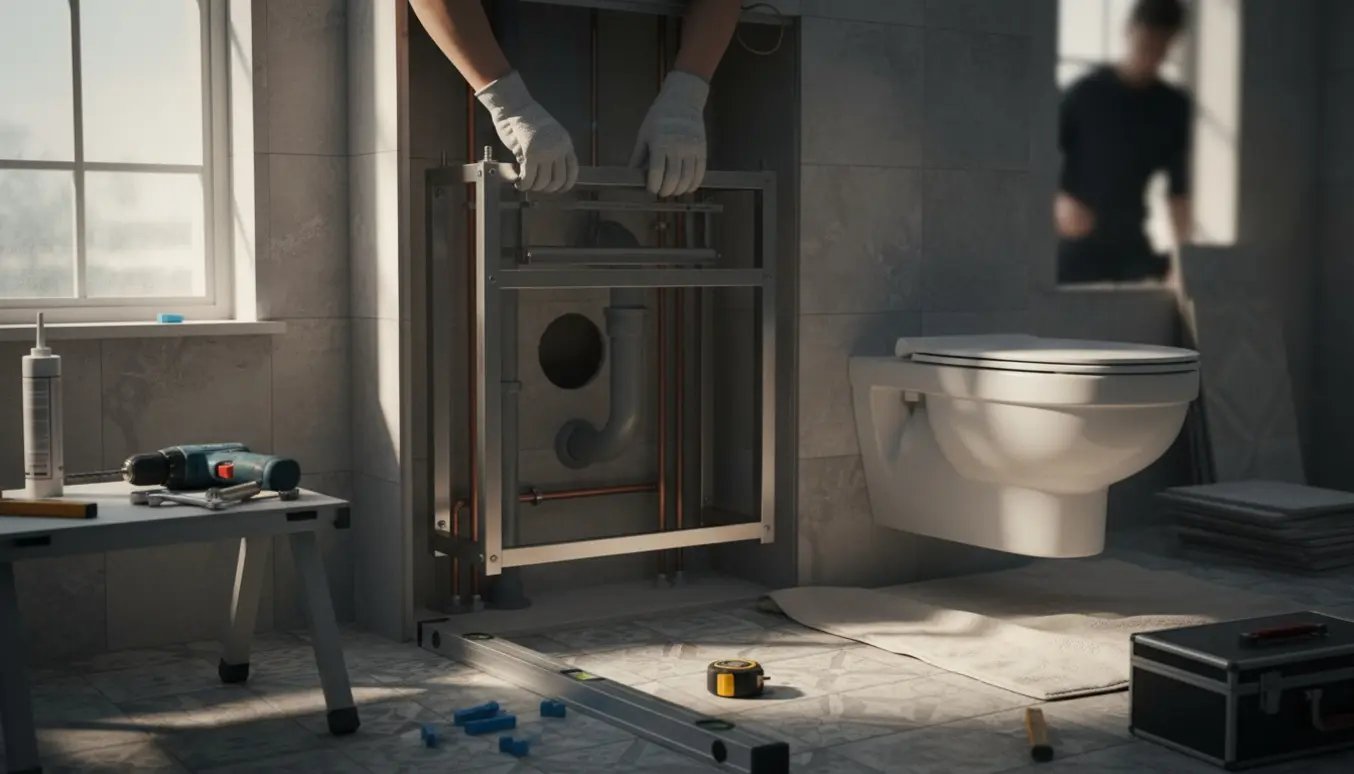 Installatør i gang med at montere et væghængt toilet og skjult cisterne i et flisebadeværelse.