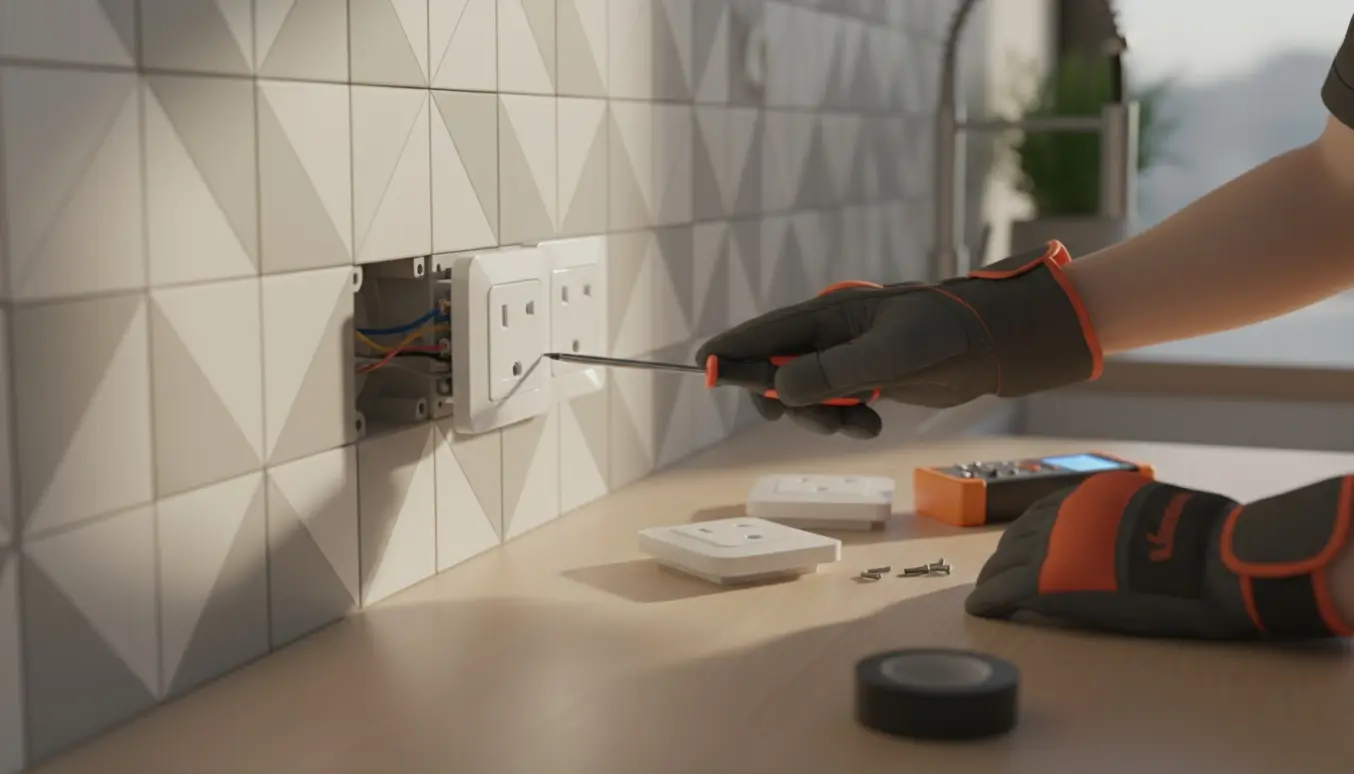 Nærbillede af hænder, der udskifter stikkontakter i et køkken med værktøj på bordet.