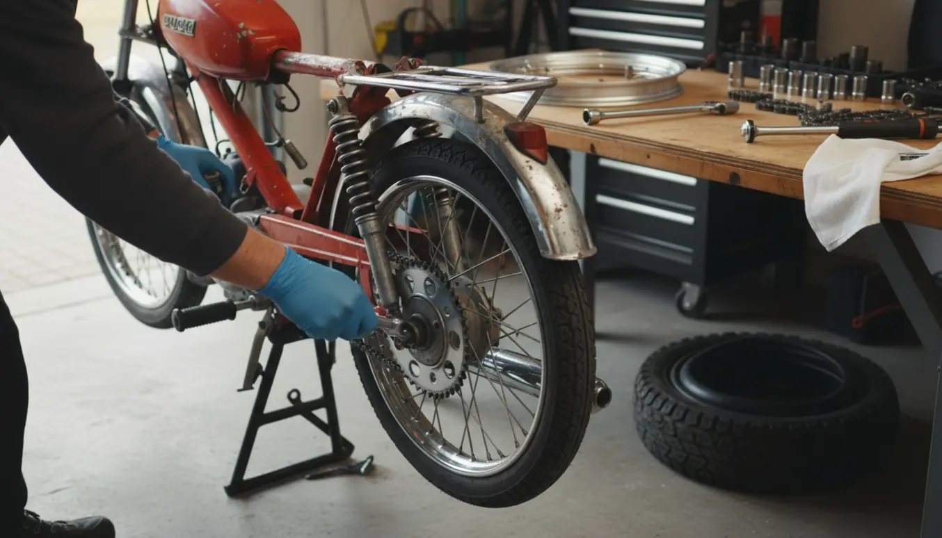 Puch Maxi i garage med nye fælge, dæk, slange og tandhjul klar til montering.