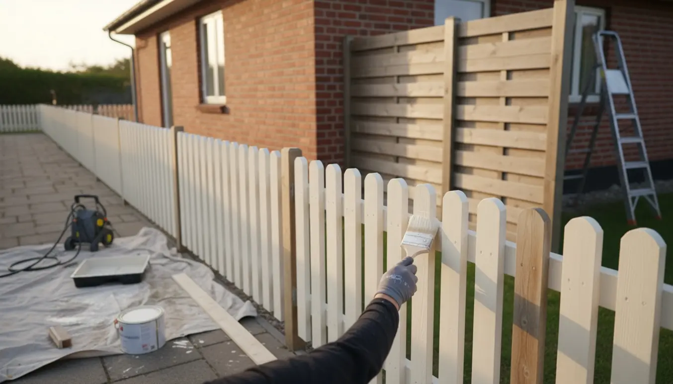 Rensning og maling af træværk ved et murstenshus med skagenshegn og højt klinkehegn, fokus på en pensel der maler en bræt.