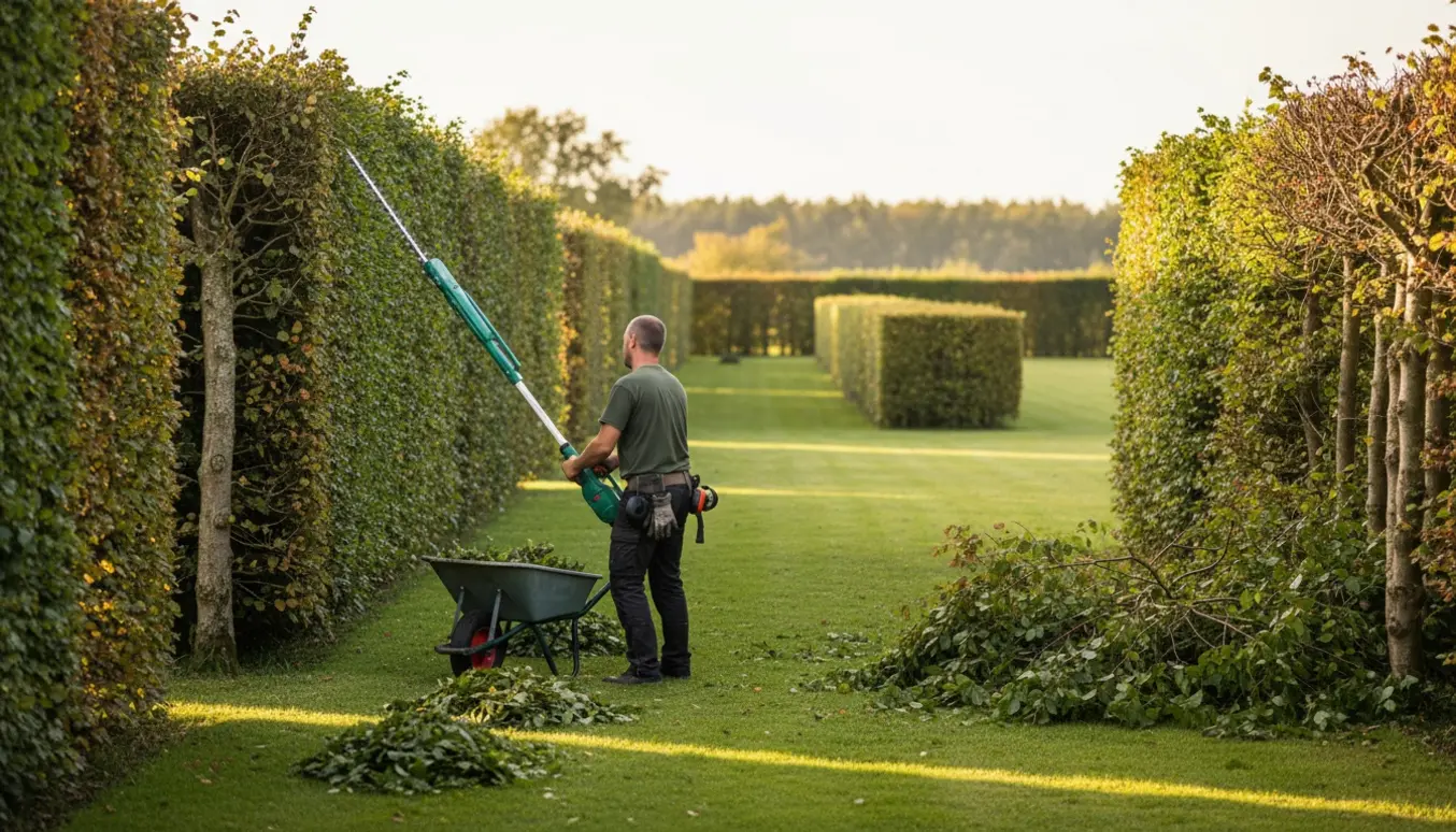 Person set bagfra klipper høj bøgehæk omkring en stor grund med elektrisk hækkeklipper og bunker af afklip.
