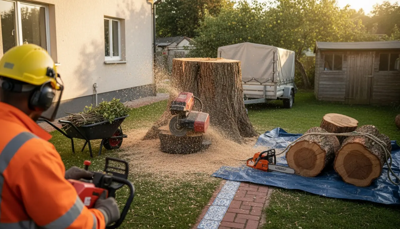 Stubfræsning af et stort egetræ i baghaven tæt på hus og skur med stak af kløvet træ og flisegang.