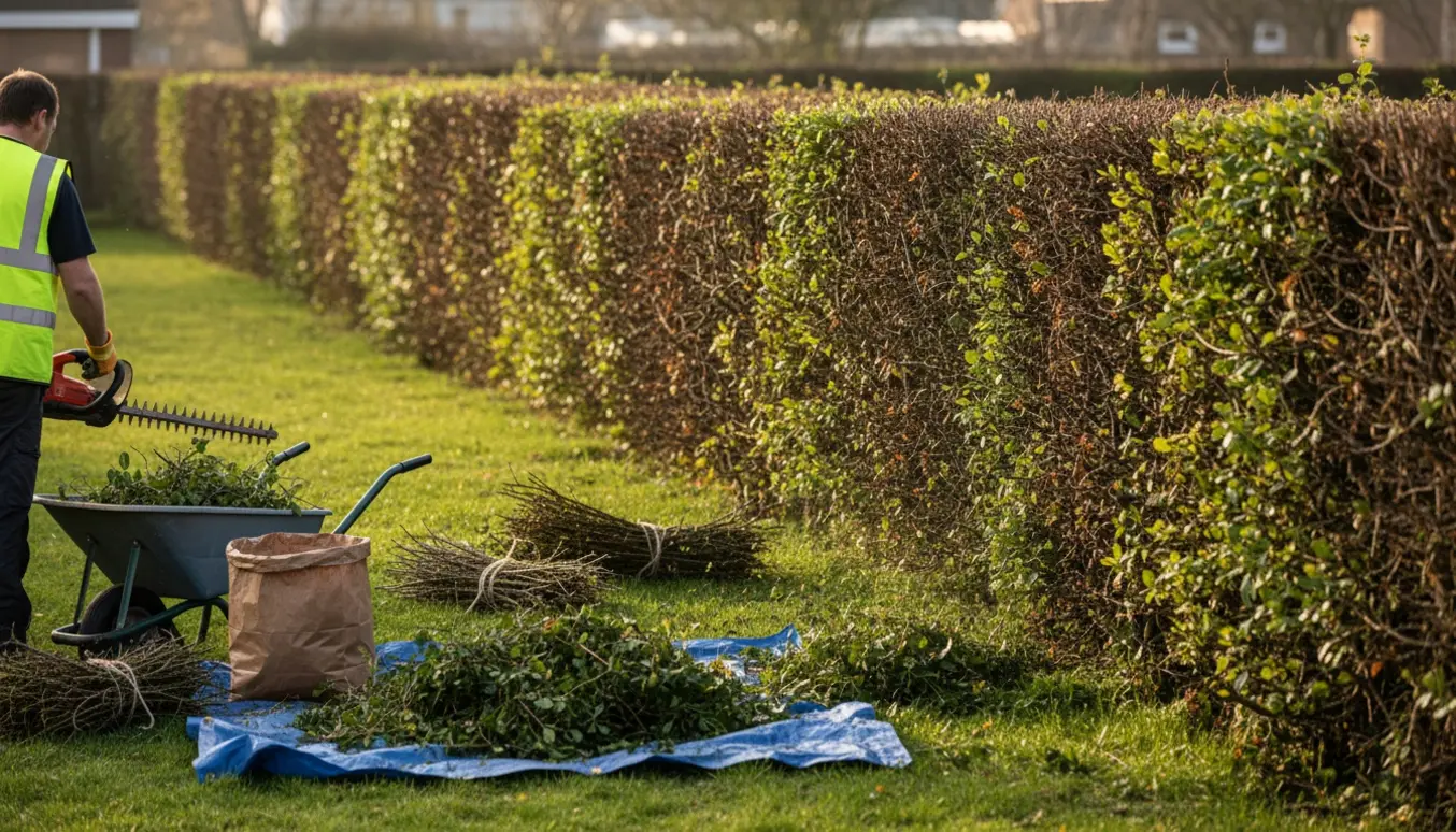 Lang tjørnehæk klippes, og afklip samles i trillebør og på presenning klar til bortskaffelse.
