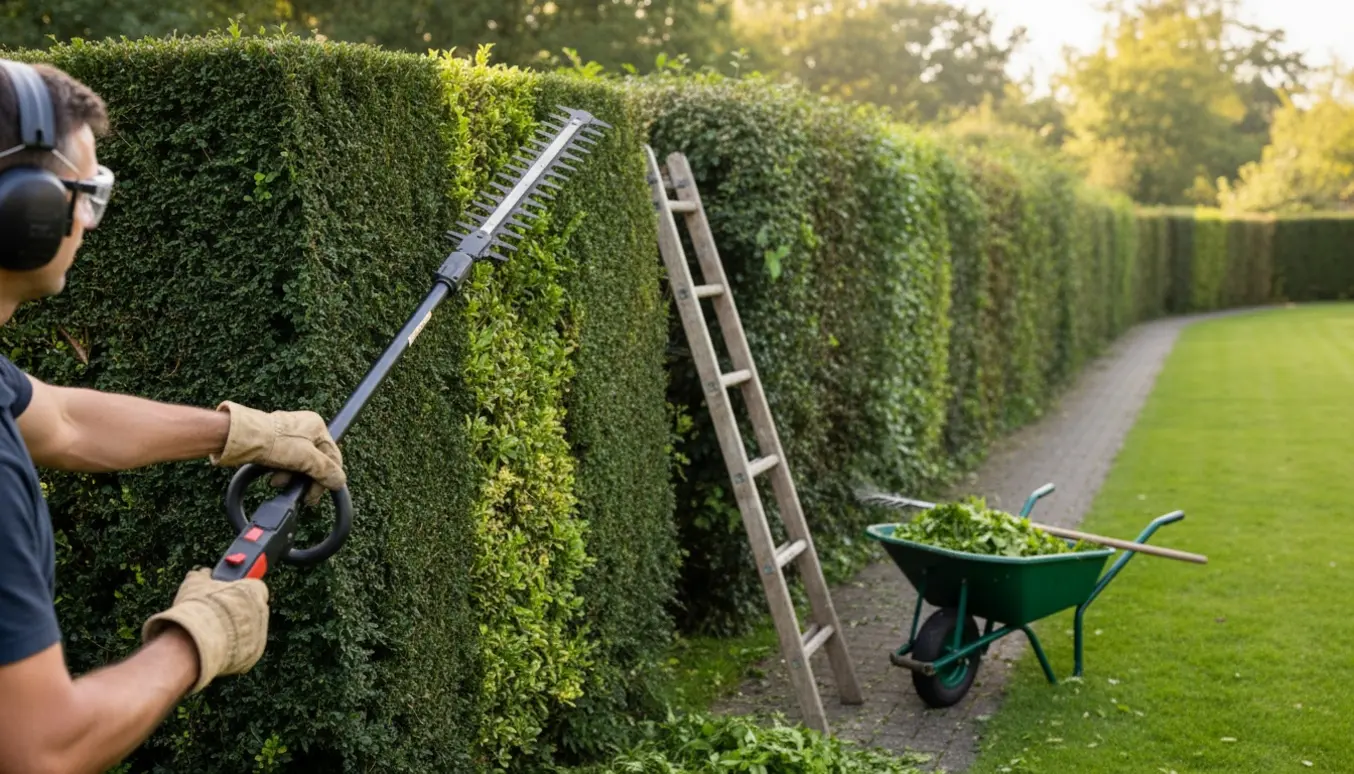 Håndværker trimmer toppen og den ene side af en lang hæk, med afklip samlet i en trillebør.