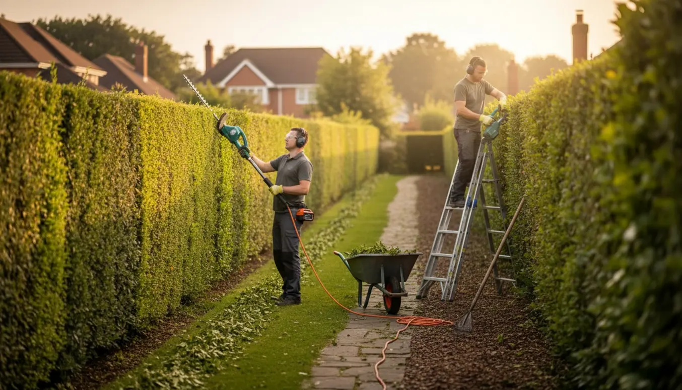 Lang, nysnoet hæk langs en have, en person trimmer siden med en teleskopisk hækkeklipper og en anden arbejder oppe på en stige.