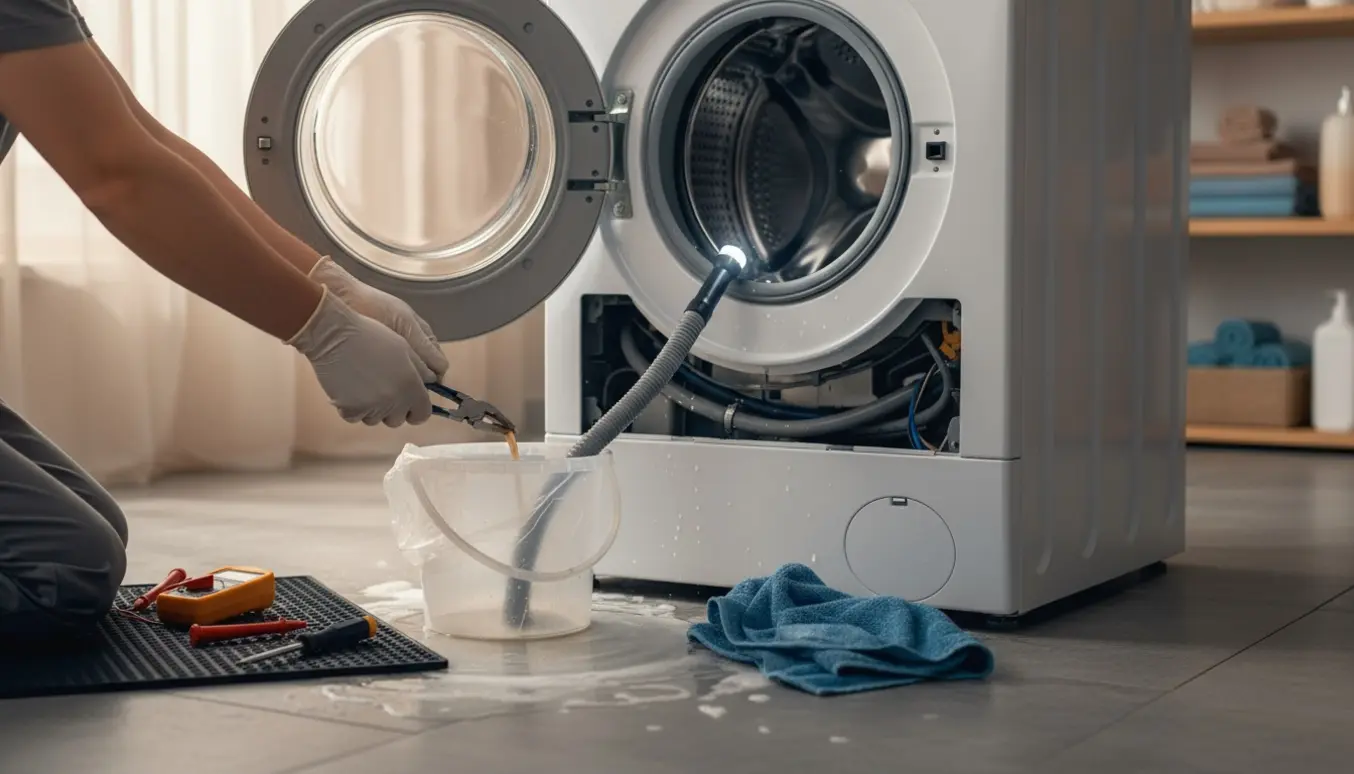 Åben vaskemaskine med værktøj og spand, hvor en person tømmer vand, kun hænder synlige.