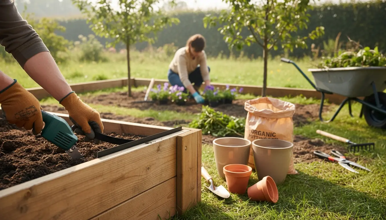Havearbejde med nedfældning af afgrænsningsbånd i højbede, beskæring af små træer og plantning i krukker.