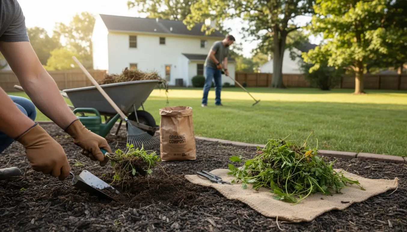 Hænder i havehandsker trækker ukrudt op fra et blomsterbed foran en velplejet græsplæne med haveredskaber i baggrunden.