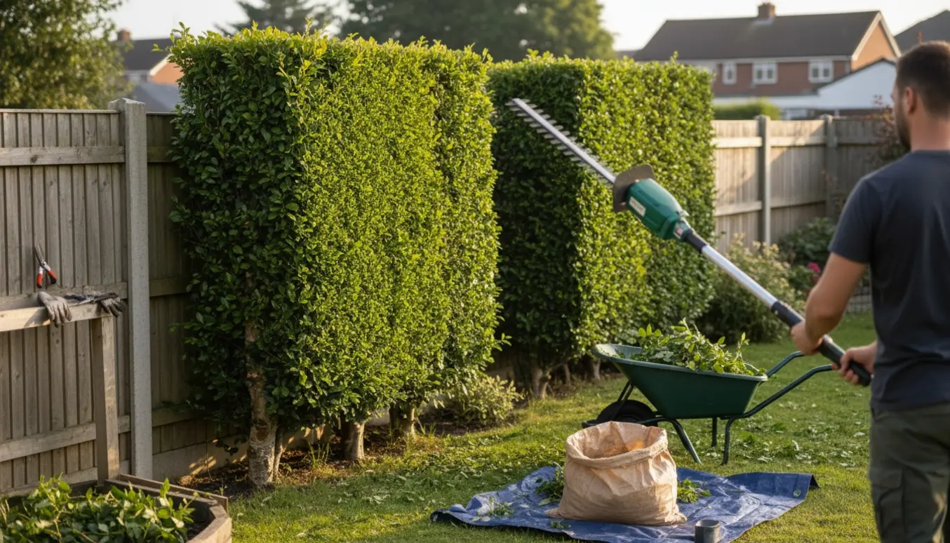 Beskæring af en 2,1 m høj avnbøghæk med værktøj og bunker af afklip klar til fjernelse.