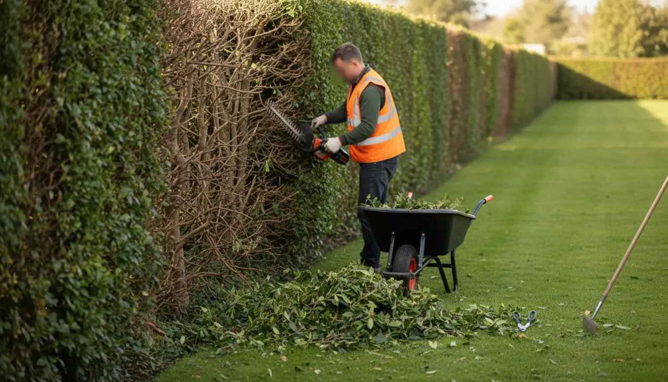 Havearbejder klipper indersiden af en lang hæk med batteritrimmer, friske afklip samlet i en trillebør.