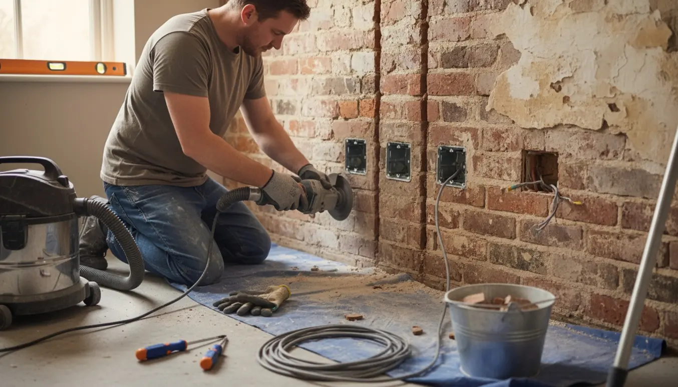 Håndværker fræser kabelkanal i murstensvæg i bryggers med to indbyggede stikkontakter og værktøj i forgrunden.